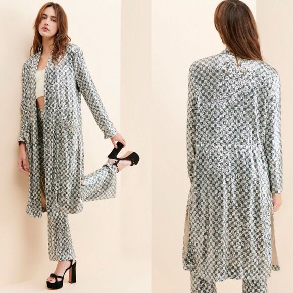 Steve Madden Shae Silver Sequin Longline Duster Jacket | Medium | Anthropologie - Picture 2 of 12